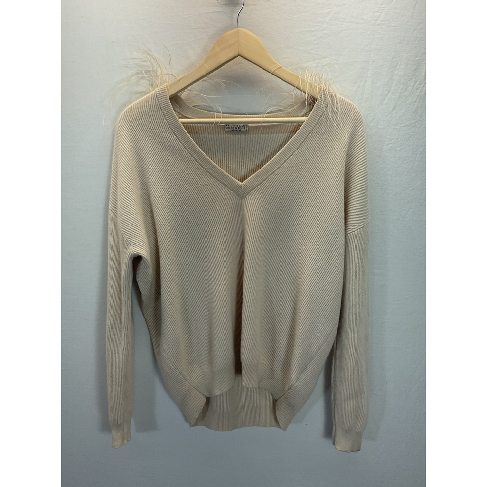 Brunello Cucinelli Cashmere Ivory Ribbed Sweater Italy Sz M feathers embellished